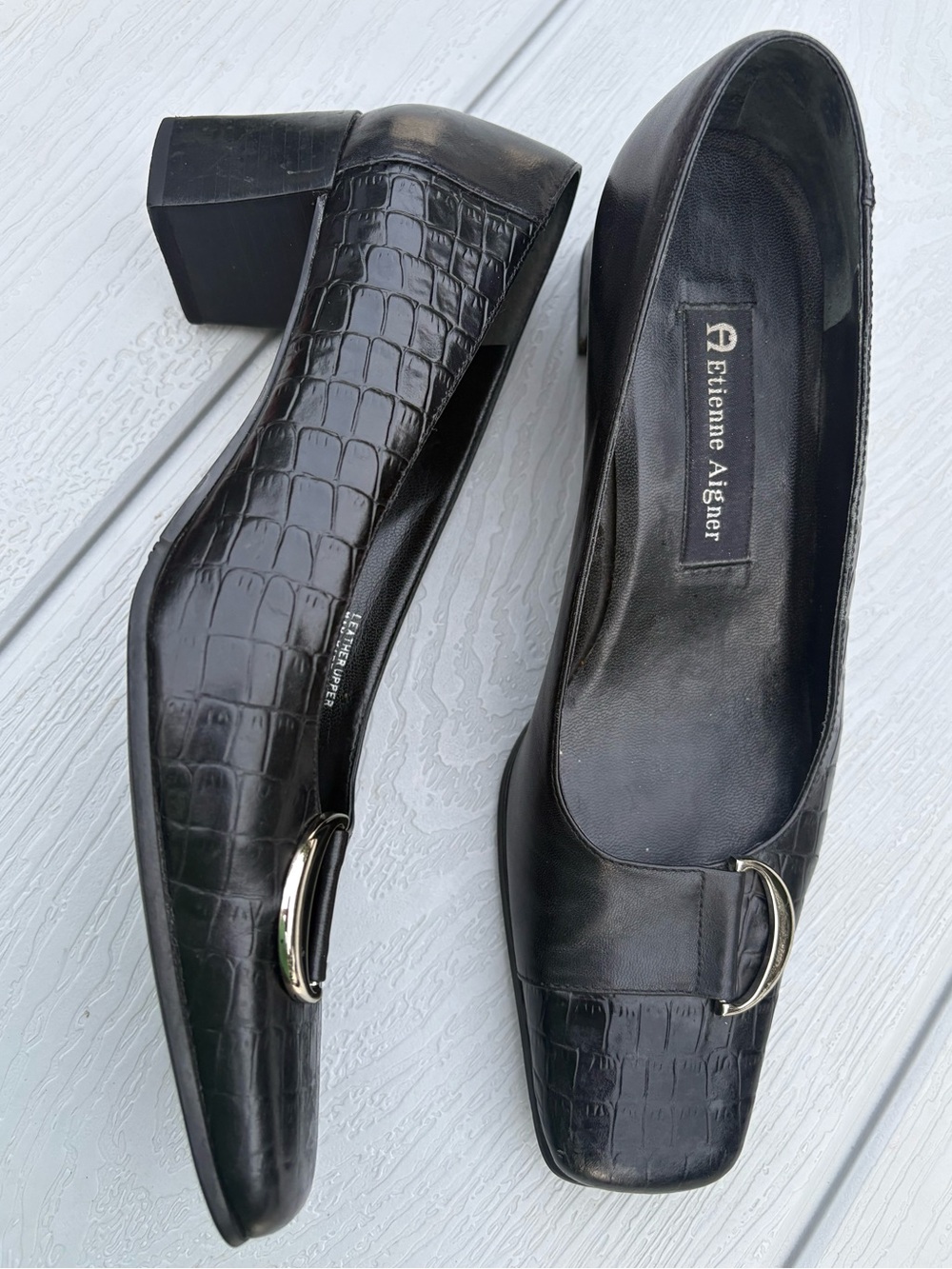 VTG Etienne Aigner Leather Pumps Black Leather Block Heels Womens 7.5 Office